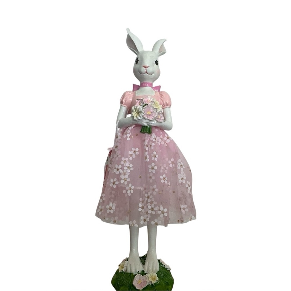 Elegant Bunny Figurine in Pink Floral Dress – Spring / Easter Decor